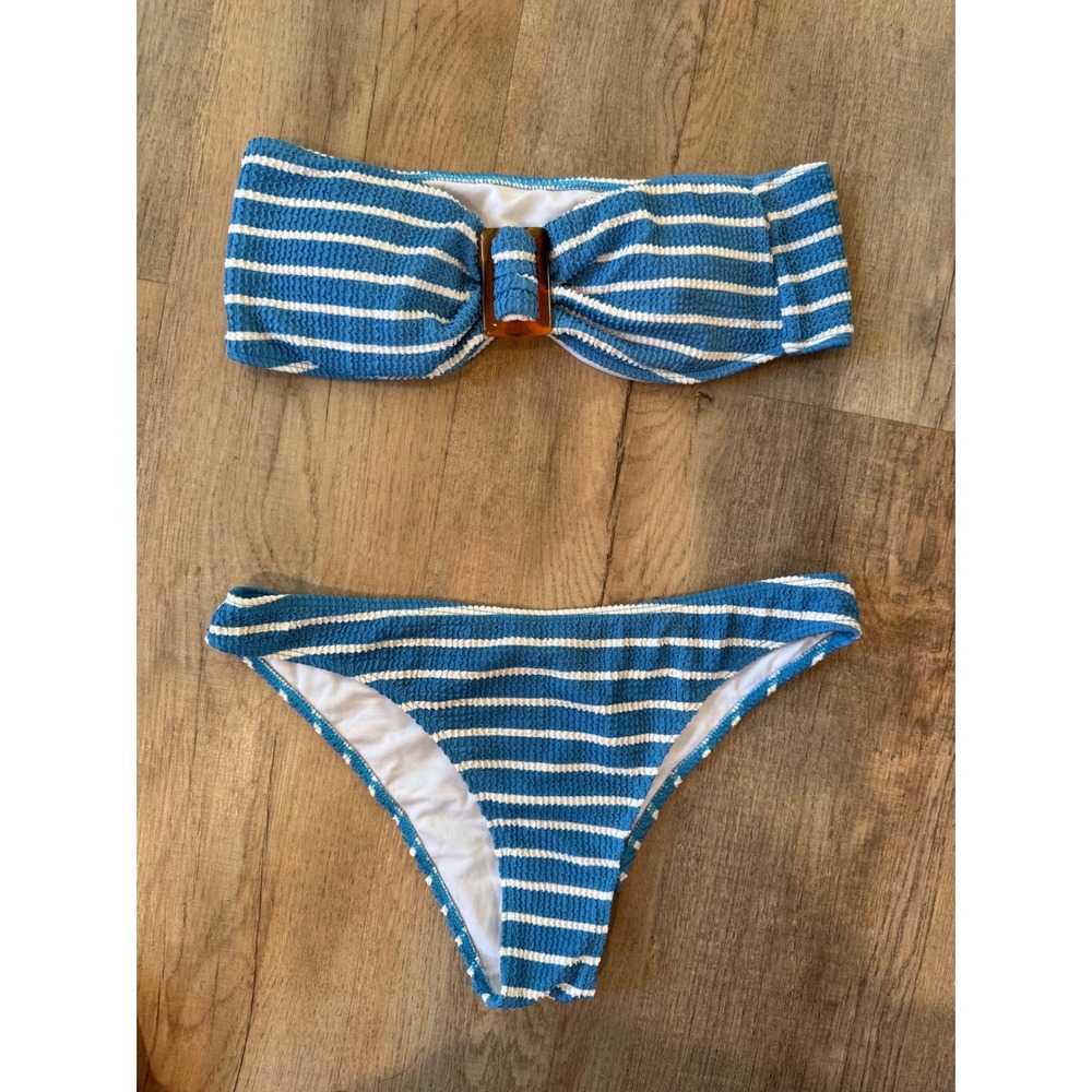 Blue White Striped Crinkle Smocked Bikini Set Tortoise Buckle Bandeau Top L
